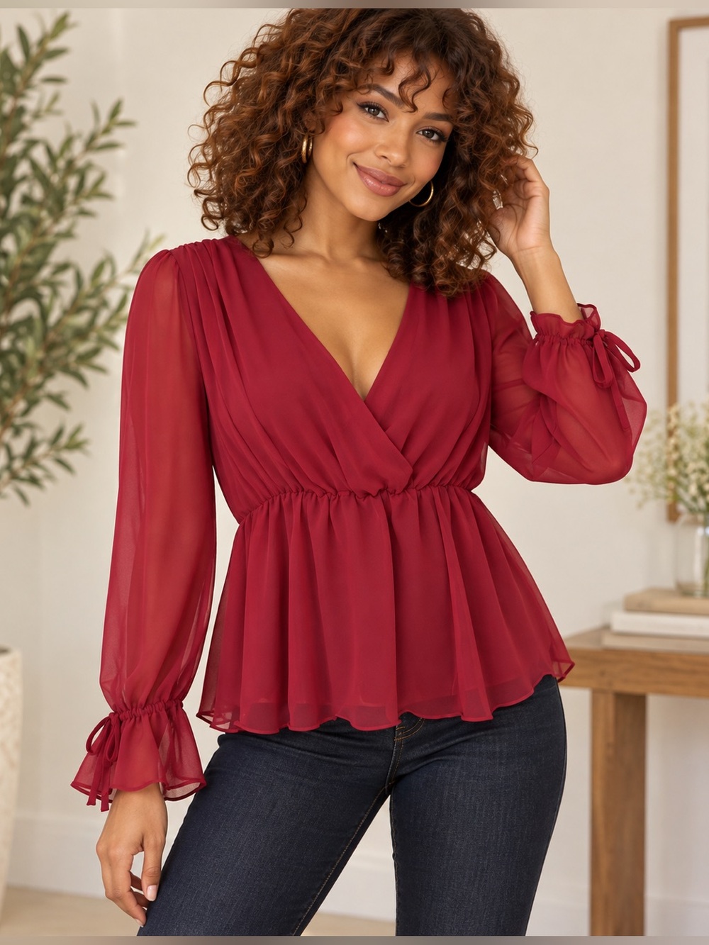 Open Edit Burgundy V-Neck Long-Sleeve Peplum Blouse